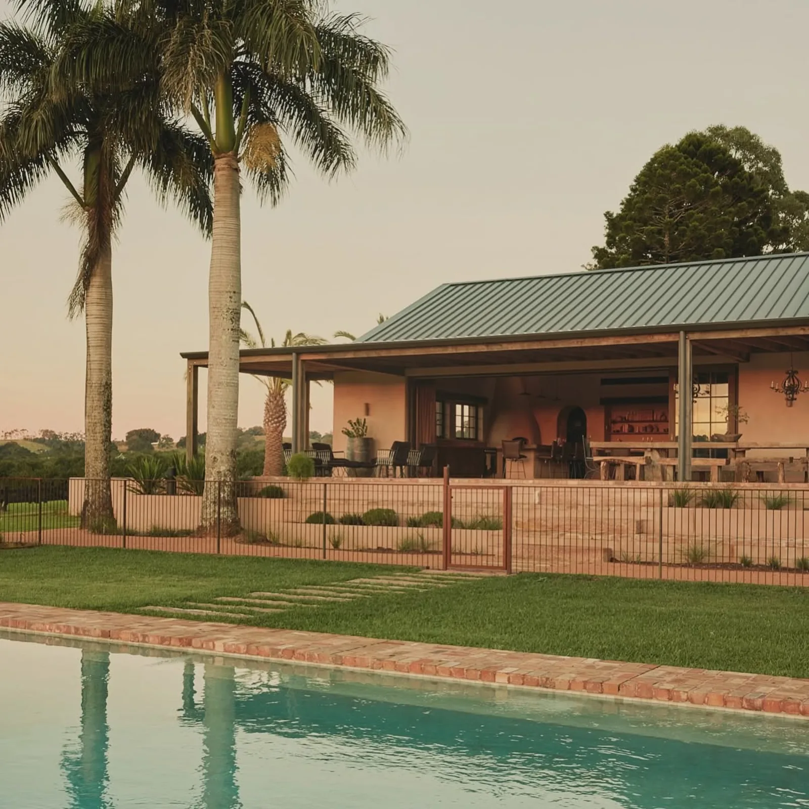 Rural pavilion home beside a pool and palms